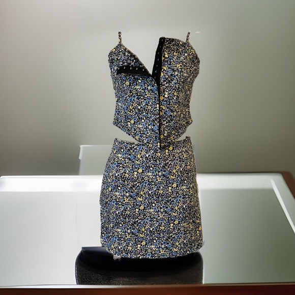 Woman Matching Set Blue Floral Skirt Bustier Top VINTAGE EXPRESS